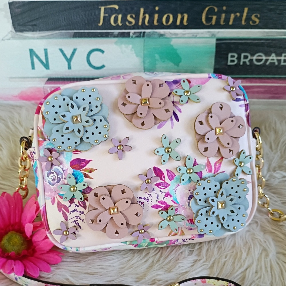 Nine West Pink Blue Mauve Green 3D Studded Floral Appliqué Crossbody Camera Bag